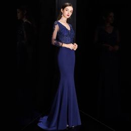 Mermaid Navy Blue Celebrity Dresses Long Sleeves V Neck Applique Beading Women Ceremony Banquet Party Formal Evening Prom Dress