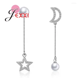 Dangle Earrings Long Tassel Drop Asymmetry Design Silver Hollow Moon Star For Women Brincos Pearl Ear Jewellery