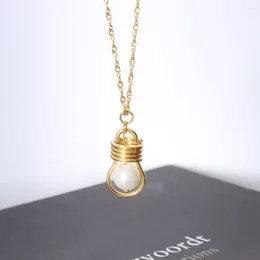 Pendant Necklaces Light Bulb Shaped With Hanging Artificial Pearls Titanium Steel Plated 14K Gold Creative Necklace Jewellery