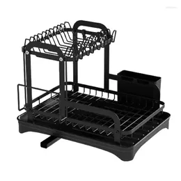 Kitchen Storage Dish Drying Rack 2-Tier Compact Drainboard Rust-Proof Drainer With Utensil Holder Dinnerware Organizer