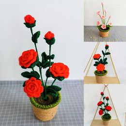 Decorative Flowers Hand Knitting Potted Plants Rose Crochet Auto Interior Accessories Desktop Office Decorations Car Ornament