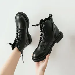 Boots 2024 Autumn/Winter Women's Leather Side Pull Mid-low Leg Lace-up Cotton Shoe Motorcycle Ankle