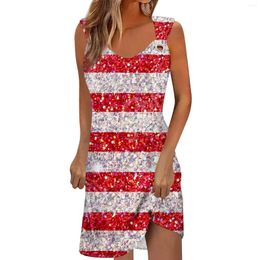 Casual Dresses Women'S Summer Independence Day Printed Sleeveless Hollow Round Neck Loose Beach Fashionable And Simple