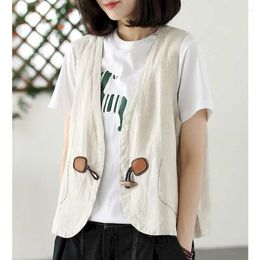 Women's Vests Sleeveless Vest For Women Cotton Linen Solid Casual Loose Tanks V-neck Single Horn Button Korean Fashion Cardigan Clothing