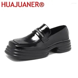 Casual Shoes Men Square Toe Patent Leather Loafers Male Platform Dress Vintage Chunky Heel Party Mens Formal