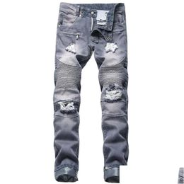 Mens Jeans Jewuto Men Brand High Quality Hole Straight Moto Biker Denim Pants For Black Blue Drop Delivery Apparel Clothing Dhqmc