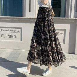 Skirts Women Skirt Black Print Floral Chiffon Summer A-Line High Waist Pleated Midi Boho Beach Falda