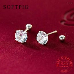 Stud Earrings SOFTPIG Real 925 Sterling Silver 4/5/6mm Zircon Round For Woman Minimalist Fine Jewellery Geometric Accessories