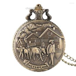 Pocket Watches Vintage Swizerland Cattle Quartz Watch Men Women Antique Bronze Copper Animals Farmers Pattern Necklace Chain Gift