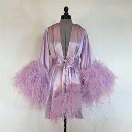 Short Bathrobe for Women Pink Feather Knee Length Lingerie Nightgown Pyjamas Sleepwear Women039s Luxury Gowns Housecoat Nightwe2100206