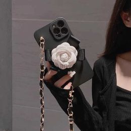Cell Phone Cases Crossbody Strap Metal Long Chain Case For iPhone 15 14 13 12 Pro Max XR X XS 8 Plus Elegant 3D Leather Camellia Soft Cover 2442