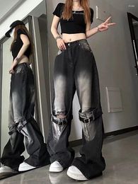 Women's Jeans American Old Strap Stitching Hole Micro-La Baggy Female Y2K Fashion High Design Relaxed Casual Straight Wide-leg Pant