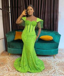 Party Dresses Nigerian Aso Ebi Green Mermaid Evening 2024 Arabic Turkish Beaded Tassel Pearls Bustle Waist Prom Gala Gowns