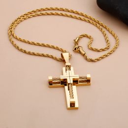 Necklaces Gold Stainless Steel Wire Chain Large Biker Cross crucifix Pendant Necklace Rope Chain Men's Women Punk Fashion Gift 4mm 22 inch