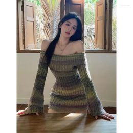 Casual Dresses Dress Women Knitted Sexy One-shoulder Striped Winter High-end Girl Gentle Wind Waist-covering Hip