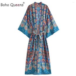 Boho Queens Women Multi Floral Print Bohemian Kimono Robe Ladies V Neck Batwing Sleeves Beach Maxi Dress Bikini Cover-ups