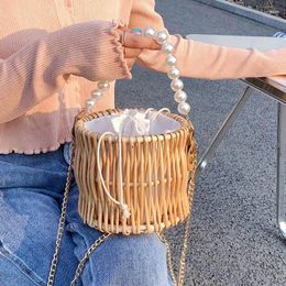 Bag Pearl Handbag Hand-woven Shoulder Crossbody Retro Woman Straw Bags Summer Rattan Bucket Beach Female Phone Pack Purse