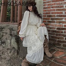 Casual Dresses Korean Chic Lace Patchwork Tiered Dresscourt Style Puff Sleeve Slim A-line Robes Female 2024 Autumn Solid Temperament