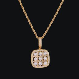 Shiny Solitaire Square Military Army Cluster Pendant Necklace Chain Gold Silver Cubic Zirconia Men Hip hop Jewelry For Gift286c