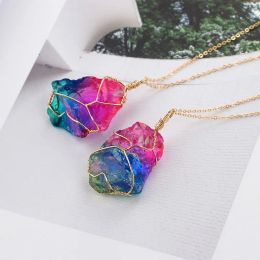 Natural Stone Irregular Rainbow Necklace Women In Crystal Pendant Necklace Wrap Wire Winding Chakra Rock Quartz Choker Jewelry