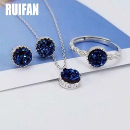 Necklaces Blue Round Natural Agate Druse Pendant Necklace/earrings/ring Sets 100% Sterling Sier Fine Jewellery Set for Women Yjs041