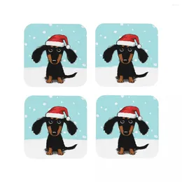 Table Mats Cute Dachshund Christmas Winter Wiener Dog Santa Coasters Coffee Leather Placemats Cup Tableware Pads For Home Dining Bar