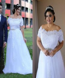 2019 A Line Plus Size Wedding Dresses With Belt Off The Shoulder Lace Appliques Short Sleeve Boho Bridal Gowns Floor Length Countr8529355