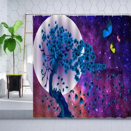 Shower Curtains Universe Starry Blue Tree Curtain Set Butterfly Moon Night Scene Wall Decor Bathroom Bathtub Screen