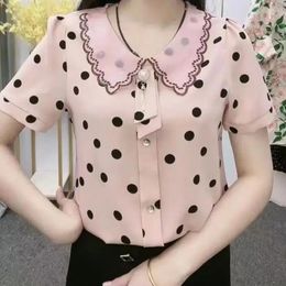 Women's Blouses Fashion Mother's Shirt Summer Loose Fit Doll Collar Chiffon Blouse Short Sleeve Print Top M-5XL Z818