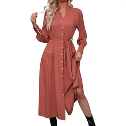 Casual Dresses Women's Fashion-Forward Long Sleeve A-Line Skirt V-Neck Solid Color Dress Elegant And Pretty Glamorous