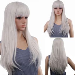 Wigs Synthetic Long Straight Wig with Bangs For Black Women Glueless Heat Resistant White Wig Dance Party Cosplay Halloween 20 inch