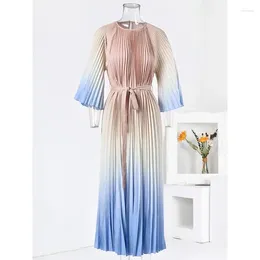 Casual Dresses Miyake Pleated Women Elegant Evening Party Dress Round Neck Long Sleeve Lace-Up Design Formal Occasion 2024 Spring