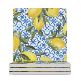 Table Mats Lemons On Blue Tiles Ceramic Coasters (Square) Creative For Drinks Set Plate