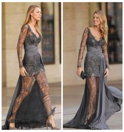 2018 Grey Long Sleeves Lace Evening Dresses Sexy Zuhair Murad Grey Prom Dresses With Chiffon Sweep Train Gossip Girls Formal Eveni1603372
