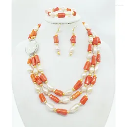 Necklace Earrings Set 3 Rows Classic Bridal Wedding Genuine Natural Coral Baroque Pearl Necklace. Bracelet. Only One