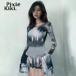 Casual Dresses PixieKiki Abstract Printed Mesh Dress Transparent Flared Long Sleeve Short For Women Trashy Y2k Streetwear P85-CB15