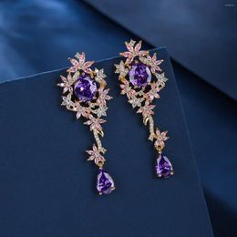 Dangle Earrings Long Multi Color Cubic Zirconia Drop Flower For Women Wedding Party Dress Jewelry CE12107
