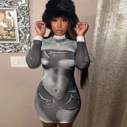 Casual Dresses Women Turtleneck Long Sleeve Skinny Mini Dress Sexy Skirt Elegant Chest Slim 3D Print For Female