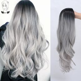 Wigs WHIMSICAL W Synthetic Long Wavy Ombre Wigs Black Gray Synthetic Wig For Women Party Cosplay Heat Resistant Hair