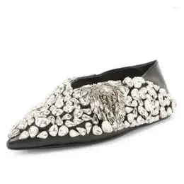 Casual Shoes Bling Diamond Crystal Pointed Toe Slip On Flat Loafers Women Rhinestone Low Top Genuine Leather Two Wear Slipper Leisure