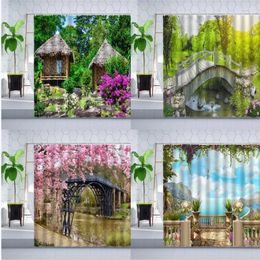 Shower Curtains Spring Garden Landscape Curtain Wooden House Green Plants Tree Forest Cherry Blossom Ocean Scenery Bathroom Sets