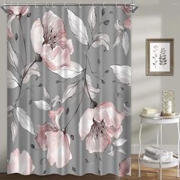 Shower Curtains Floral For Bathroom Pink Rose Flower Bath Curtain Set Grey Backdrop Polyester Cloth Simple Home Decor With Hooks