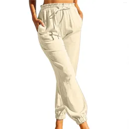 Women's Pants Women Casual Cotton Linen Fashion Solid Elastic Waist Harem With Pockets Drawstring Comfy Crpped Pantalones