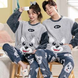 32 Style New Warm Flannel Plush Winter Couple Pyjama Sets Long Sleeve O-Neck Pyjamas For Women Men Lover Clothing Sweet Cartoon