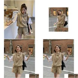 Womens Tracksuits Korean Khaki Sports Casual Suit Summer Sleeveless Hooded Coat Wide Leg Shorts Two-Piece Set Fashion Female Drop Deli Dhij2