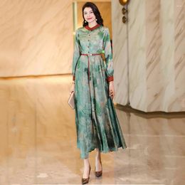 Casual Dresses Women Spring Summer Print Dress Fashion Elegant O-Neck Lantern Sleeve Slim Chinese Style Green Long