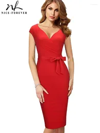 Party Dresses Nice-Forever Summer Women Chic Low Cut Solid Color Formal Elegant Vintage Bodycon Slim Dress B644