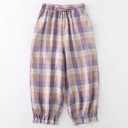 Women's Pants Limiguyue Purple Plaid Elastic Waist Casual Women Summer Linen Loose Wide Legs Radish Trousers Sweet Cotton E464