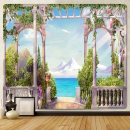 Tapestries Natural Landscape Tapestry European Garden Sea View Flower Sunshine Mountain Water Bedroom Living Room Wall Hanging