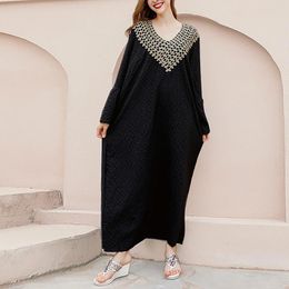 Casual Dresses 2024 Autumn Dress Solid Color Loose Girl V-neck Black French Mid-length Skirt Summer Maxi For Women